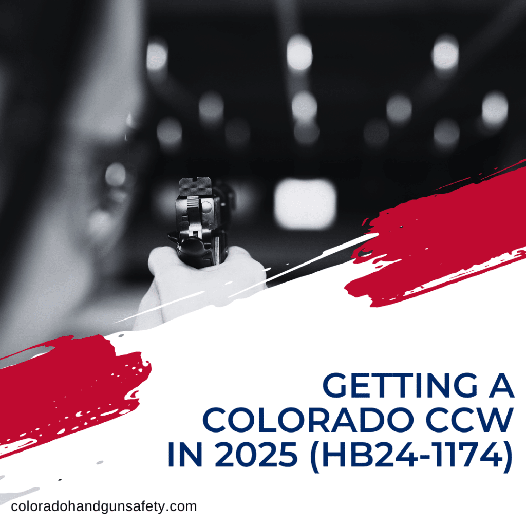 A picture of someone firing a gun safely in shooting range with a blog title that reads "Getting a Colorado CCW in 2025 (HB24-1174)"